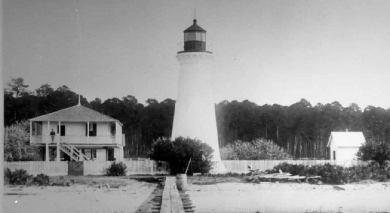 Old black and white photograph of Round Island Light House before it was relocated
