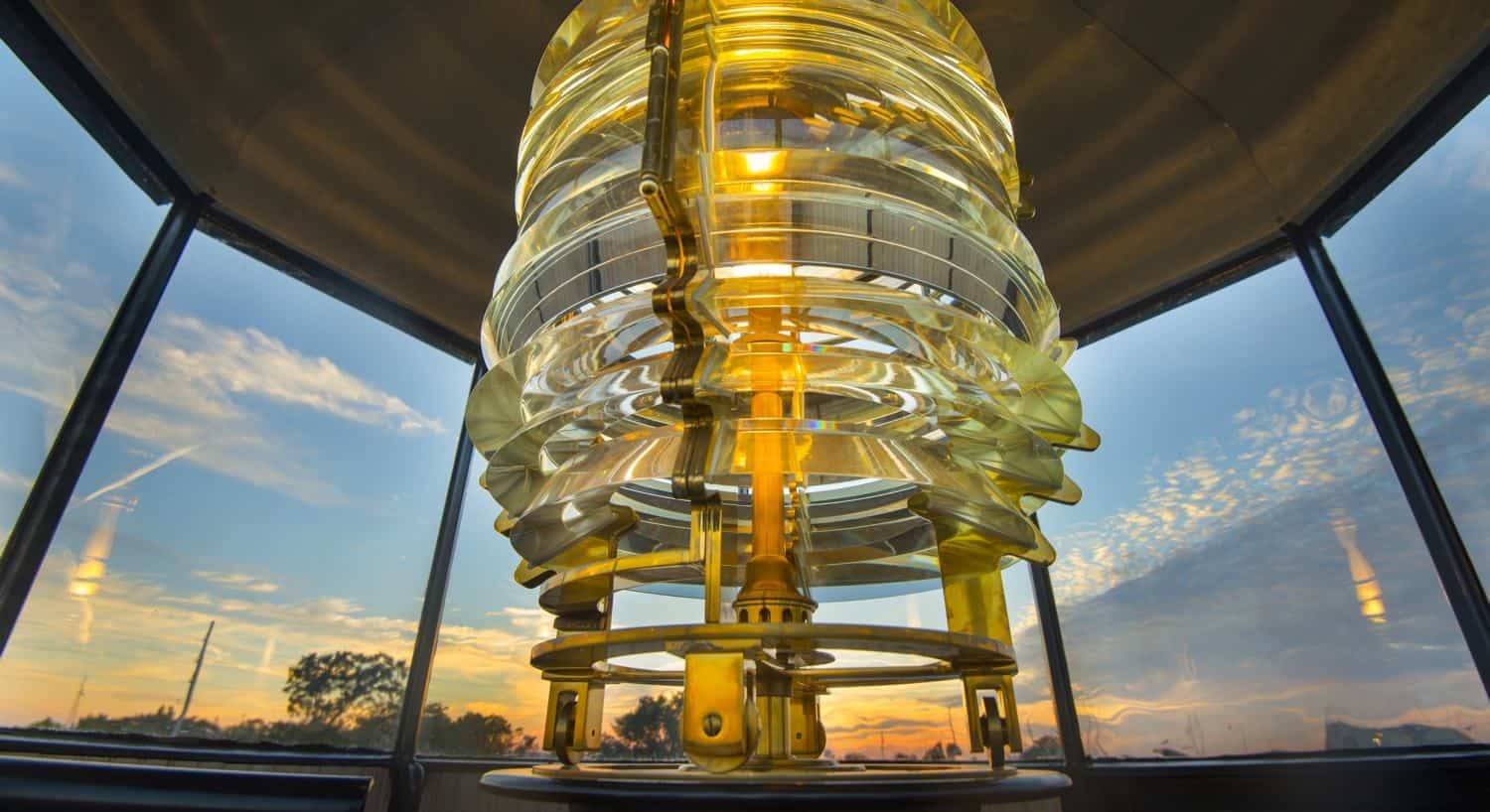 Close up view of the light in the lantern gallery at the top of the lighthouse