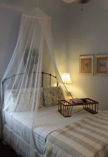 Cape Cod guest room with light blue walls, metal bed with striped bedding and sheer white canopy overhead